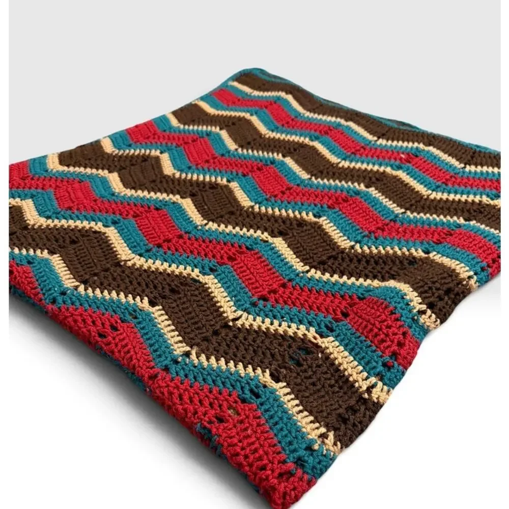 Handmade Crochet Vibrant Autumn Afghan Blanket Brown Teal Red Oversized 78 x 60